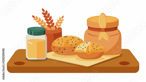 A rustic bread board featuring hearty slices of whole grain bread seeded rolls and round boules accompanied by jars of zesty herb and sundried tomato. Vector illustration