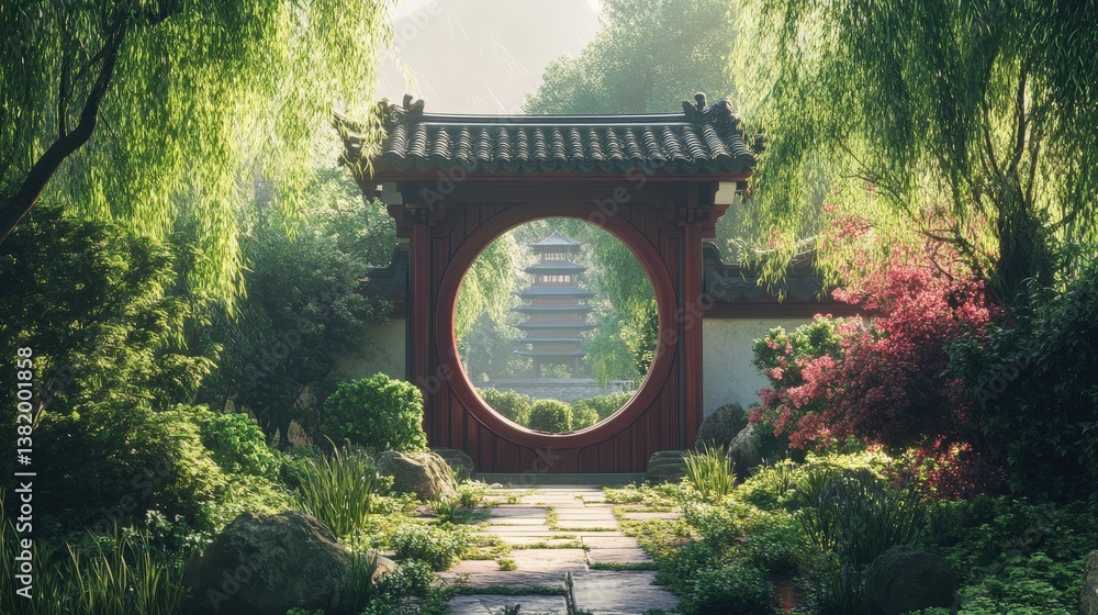 Obraz premium Mystical Garden Gate: The ornate gate opens to a world of serenity and beauty, with its unique circular design, welcoming the view with a glimpse of the pagoda beyond. Lush greenery, trees.