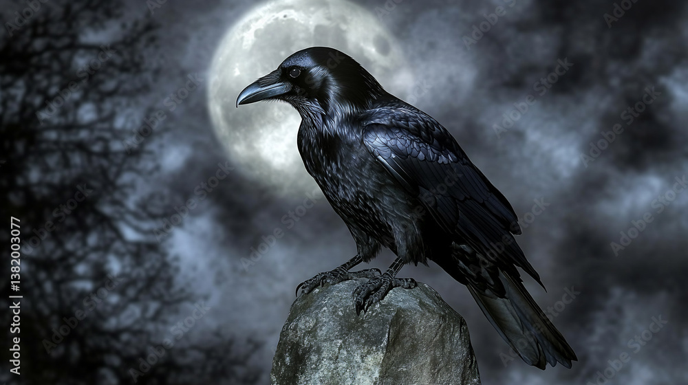 Fototapeta premium Omen Raven Watching from Ruined Altar Beneath Silver Moon