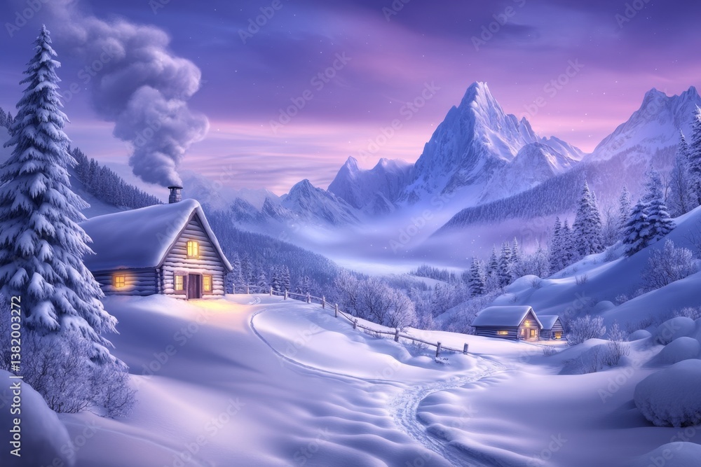 Fototapeta premium A 3D-rendered snowy village with cozy cabins, warm lights, and curling smoke from chimneys