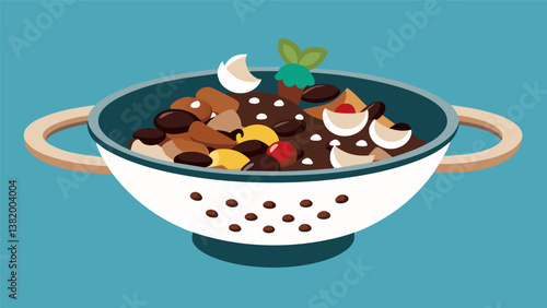 A bold mix of trail mix featuring dark chocolate chunks coconut flakes and gingered cashews served in a metal colander.. Vector illustration