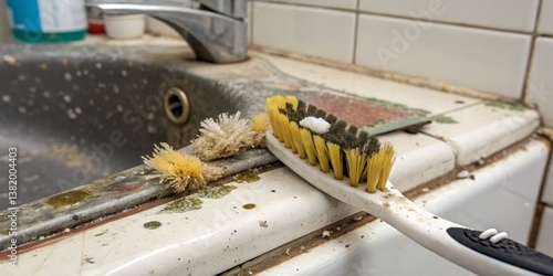 Obraz na płótnie Cleaning tools on a dirty sink with grime collected over time in a neglected kitchen area w salonie