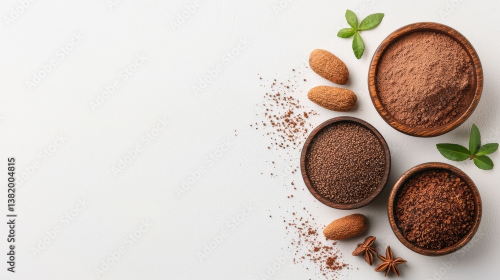Assorted spices and powders in wooden bowls on white background Assorted spices and powders in wooden bowls on white background
