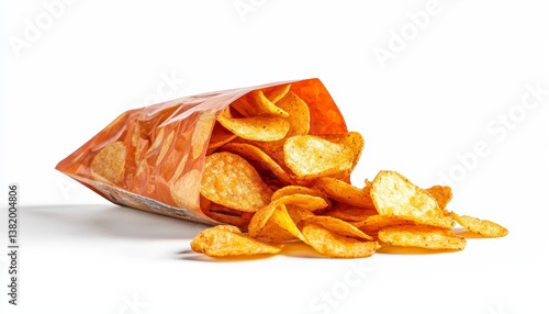 image of potato chips spilling from a snack bag texture and vibrant colors no suitable for snack food advertisements focus cover all object. Crispy snacks burst from