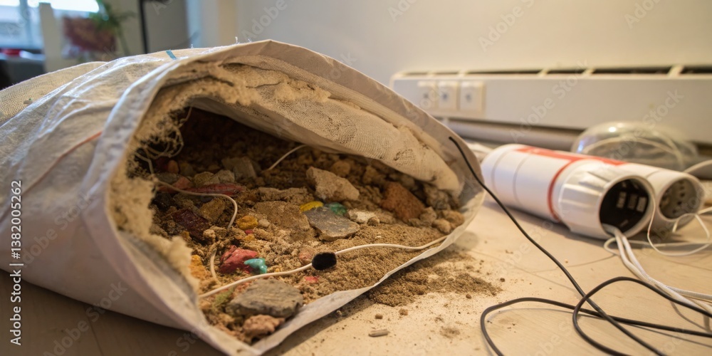 Uncovering a hidden mess inside an old bag reveals a mix of debris, cables, and colorful remnants in a cluttered room