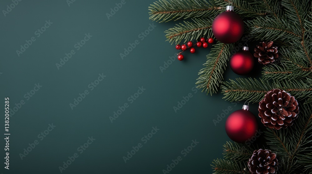 Festive Christmas decorations with pine branches and ornaments Festive Christmas decorations with pine branches and ornaments