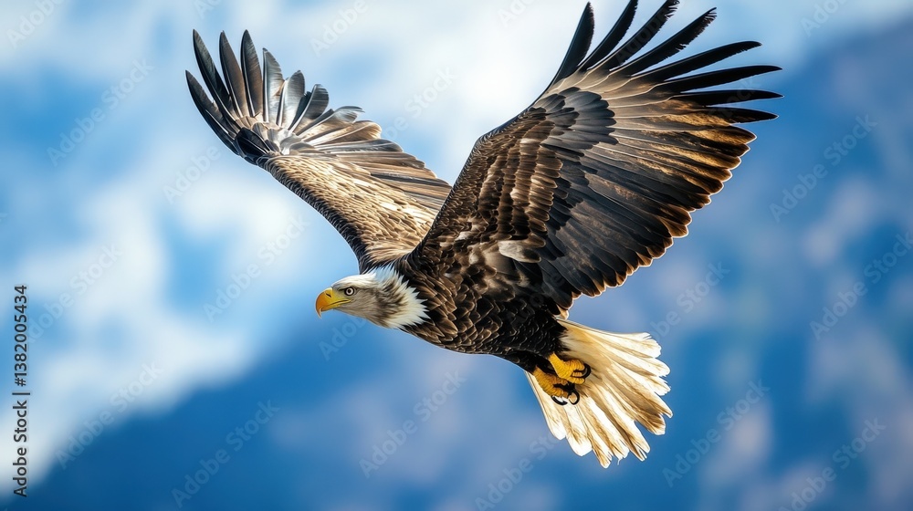 Naklejka premium Majestic Bald Eagle in Flight: A magnificent bald eagle with outstretched wings soars effortlessly through a sky painted with vibrant blue hues and cotton-like clouds.