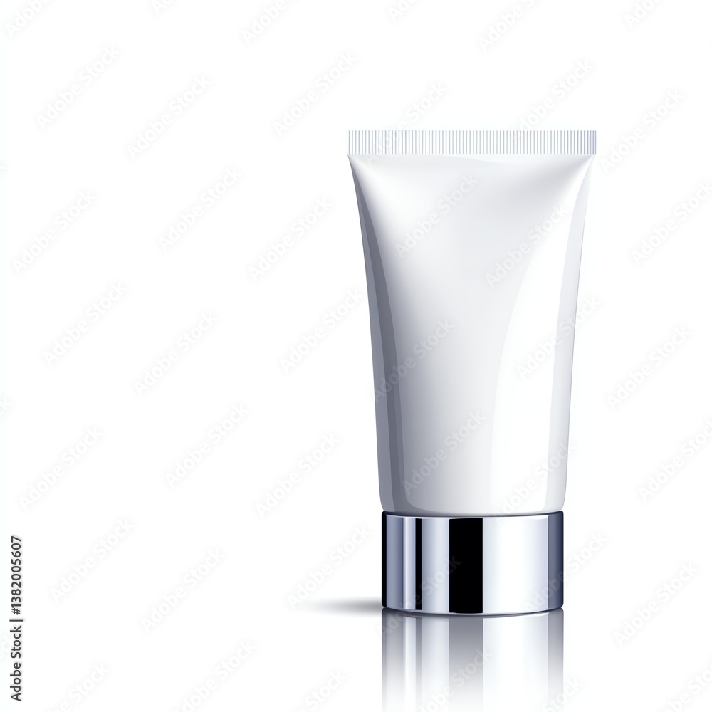 White cosmetic tube on a reflective surface. White cosmetic tube on a reflective surface.
