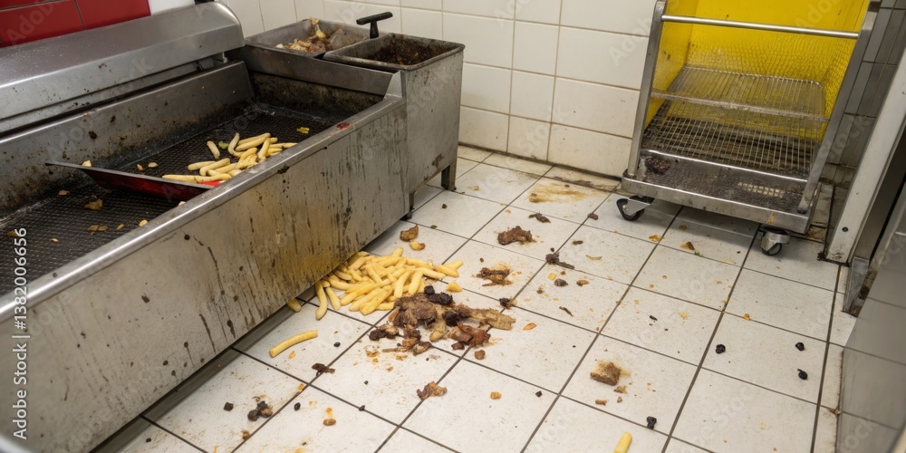 Kitchen floor covered in spilled food debris and grease during busy restaurant hours in mid-afternoon