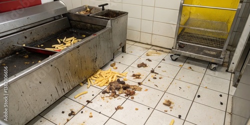 Obraz na płótnie Kitchen floor covered in spilled food debris and grease during busy restaurant hours in mid-afternoon w salonie