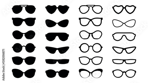 Various styles of sunglass and eyeglass frames. Eyewear silhouettes. 