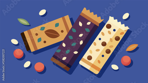 A selection of homemade energy bars in flavors like chocolate almond and blueberry oat.. Vector illustration