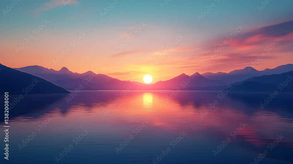 A Serene Sunset Over Reflective Waters in a Tranquil Landscape A Serene Sunset Over Reflective Waters in a Tranquil Landscape