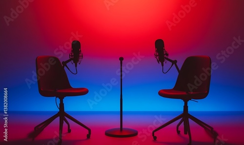 Minimalist podcasting setup with two microphones and chairs against a red and blue gradient backdrop