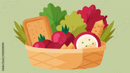 A charming farm basket filled to the brim with crunchy crackers homemade hummus and pickled beets straight from the farm garden.. Vector illustration