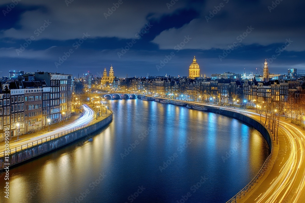 Obraz premium A cinematic aerial timelapse of Amsterdam canals at night, with boats leaving streaks of golden light