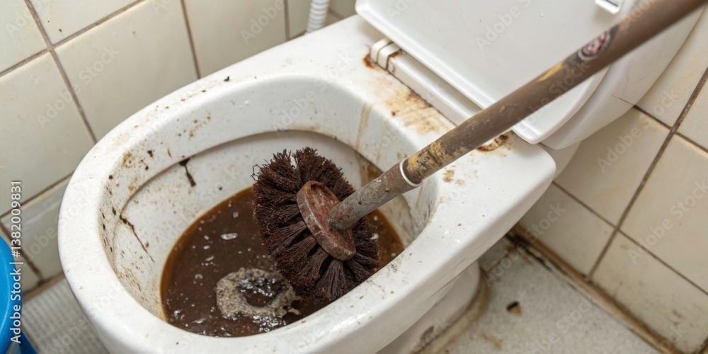 Dirty toilet being cleaned with a brush in a bathroom during daytime