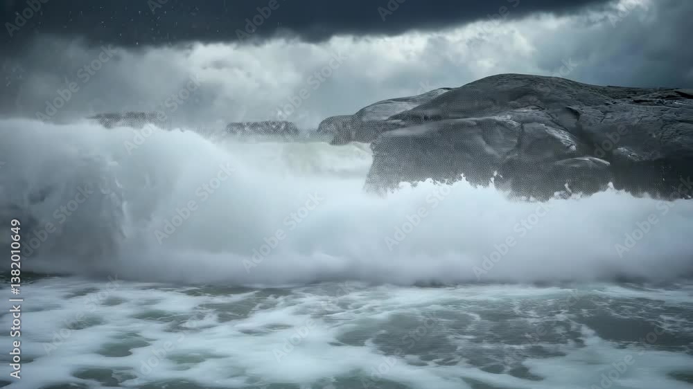 Powerful waves crash against rocky shoreline during stormy weather at the ocean's edge Powerful waves crash against rocky shoreline during stormy weather at the ocean's edge