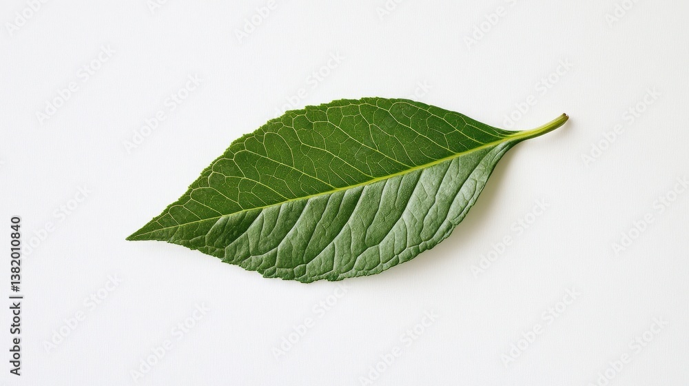 Fototapeta premium Leaf of Life: A single, vibrant green leaf, showcasing intricate texture, rests elegantly against a minimalist backdrop, symbolizing nature's delicate beauty and freshness.