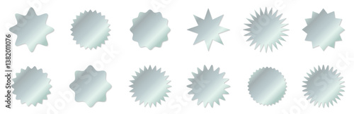Vector illustration set of silver shiny zigzag wavy frames. Silver medal sticker. Starburst shape with jagged edges.