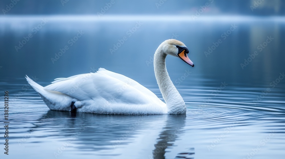 Fototapeta premium Elegant white swan gracefully gliding on tranquil water surface, serene morning light reflecting on calm lake.