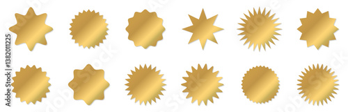 Vector illustration set of gold shiny zigzag wavy frames. Gold medal sticker. Starburst shape with jagged edges.