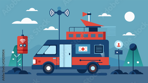 A mobile monitoring unit deployed to a highrisk area equipped with cameras sensors and communication technology to gather and transmit data in real time.. Vector illustration