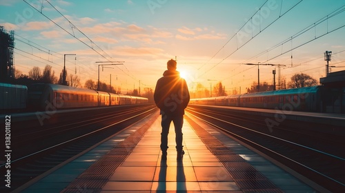 Man standing on train station platform at sunrise, symbol of transition, life decisions, waiting for journey, change in direction.