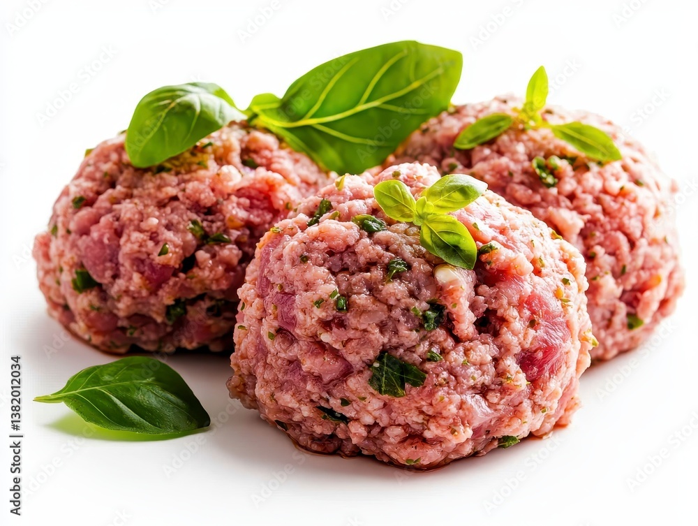Close up of fresh ground pork seasoned with garlic and herbs focus on texture for pork burger preparation vibrant Double exposure isolated white backdrop. Juicy meat patty ready to Close up of fresh ground pork seasoned with garlic and herbs focus on texture for pork burger preparation vibrant Double exposure isolated white backdrop. Juicy meat patty ready to