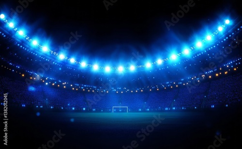 Illuminated Soccer Stadium at Night with Bright Floodlights and Empty Seating Ready for Upcoming Game Events and Spectators Anticipation