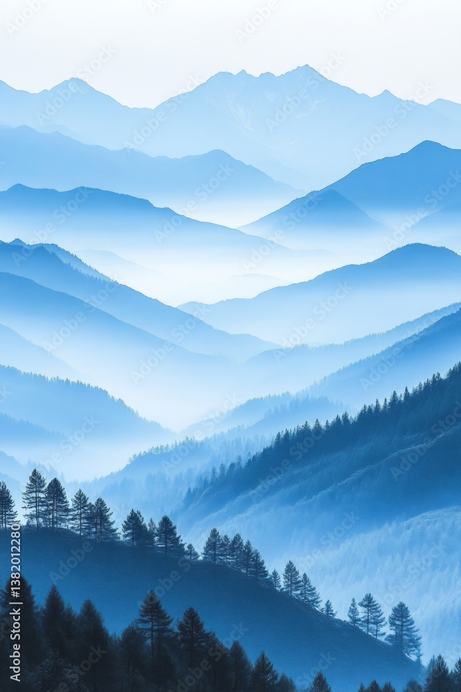 Obraz premium Gentle Layers of Misty Mountain Ranges Under Soft Blue Skies Capturing Tranquility and Natural Beauty in a Stunning Landscape Scene