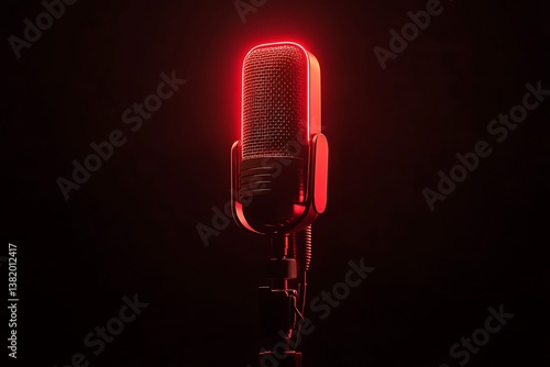 Neon red glow around a podcasting microphone on a black background, symbolizing the passion digital audio content