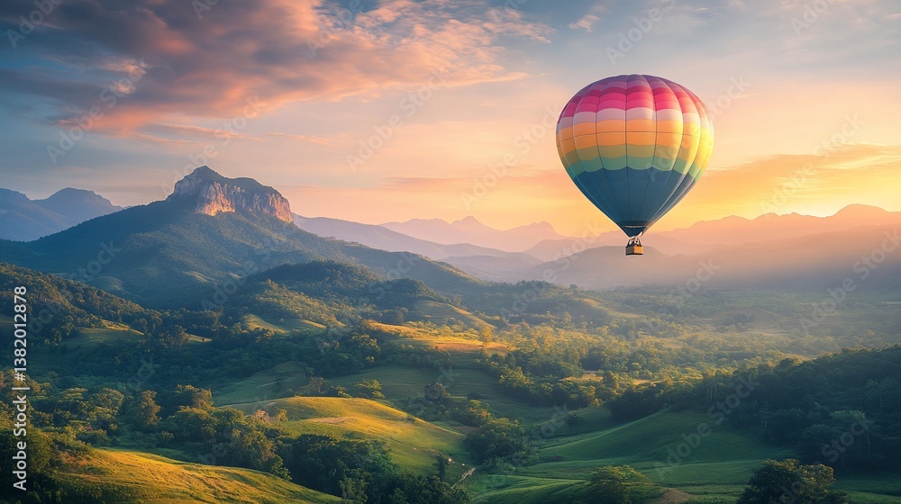 Obraz premium Hot air balloon floats over valley at sunrise with misty mountains background