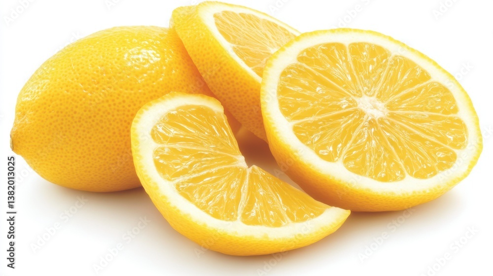 A lemon is cut in half and has a slice missing A lemon is cut in half and has a slice missing