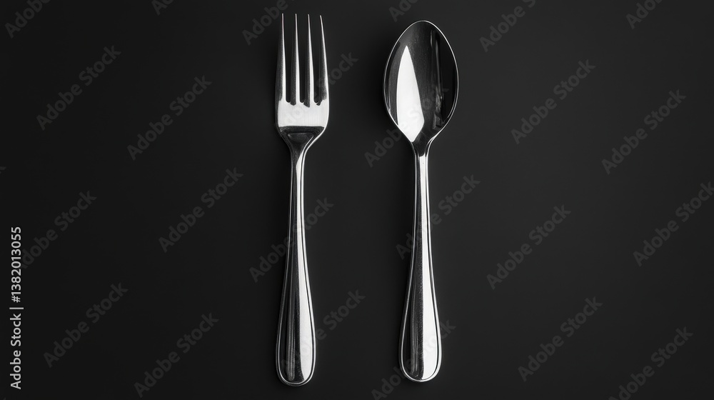 Elegant Utensils: A sleek, minimalist shot showcasing a pristine fork and spoon, exquisitely arranged. The contrast enhances the clean design. The utensils sit atop a dark, solid surface. Elegant Utensils: A sleek, minimalist shot showcasing a pristine fork and spoon, exquisitely arranged. The contrast enhances the clean design. The utensils sit atop a dark, solid surface.