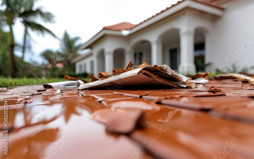 Florida storm damages home in affluent neighborhood. Concept Florida Storm Damages Home. Wealthy area house wrecked by tempest.