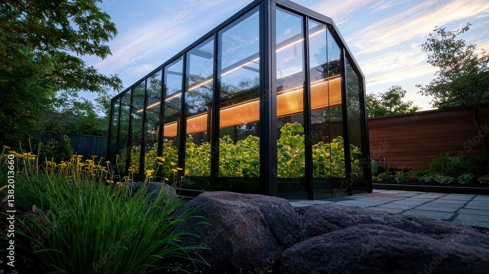 Fototapeta premium High tech glasshouse nursery in a suburban backyard. Modern backyard plant haven.