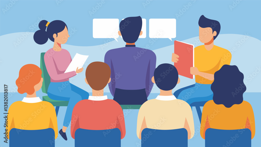 Obraz premium A group of students in the front row attentively listening and taking notes during a presentation on how to intervene as a bystander.. Vector illustration