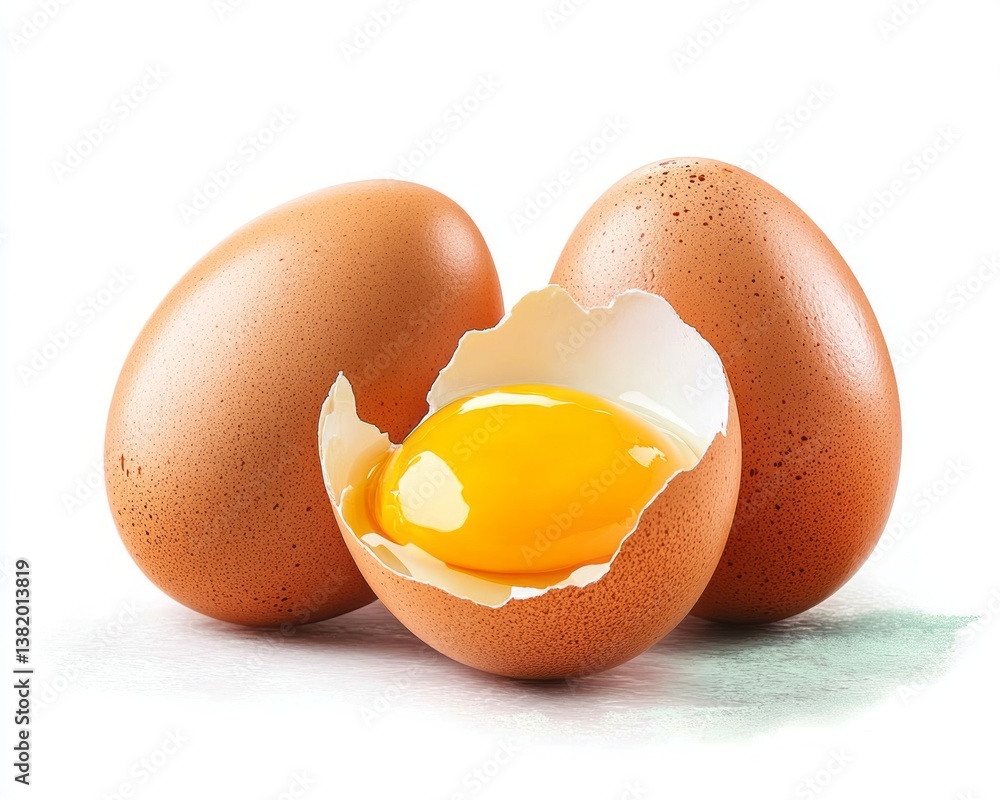 Fresh Brown Eggs with Broken Shell and Bright Yellow Yolk on White Background Fresh Brown Eggs with Broken Shell and Bright Yellow Yolk on White Background
