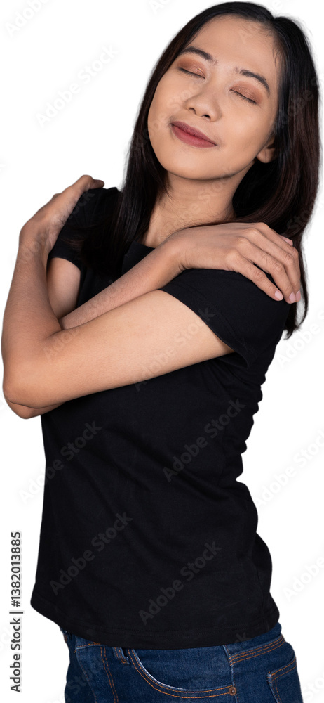 Portrait of a Woman Hugging Herself, Smiling with Self-Love and Happiness Isolated Transparent Portrait of a Woman Hugging Herself, Smiling with Self-Love and Happiness Isolated Transparent