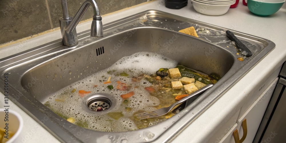 Dishes piled in a cluttered kitchen sink with bubbles and leftover food in the afternoon light