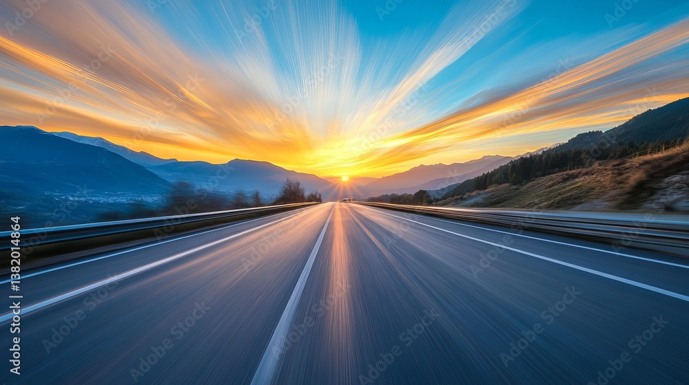 Naklejka premium Stunning Sunrise Highway Landscape Scenic Mountain Road Drive Travel Journey Adventure Golden Hour Majestic View Breathtaking Scenery Asphalt Road 