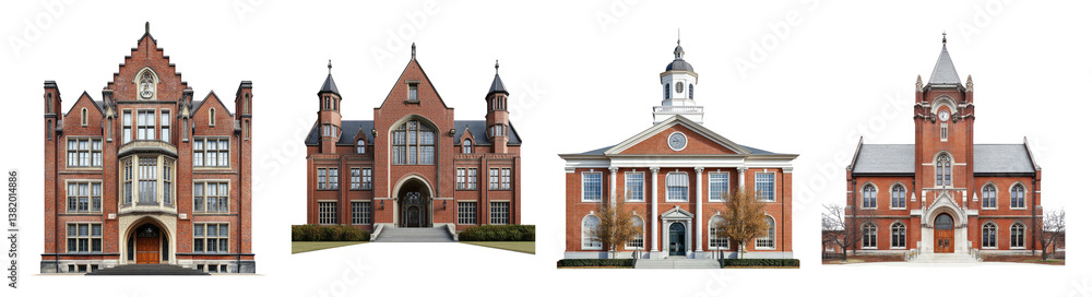 Obraz premium Diverse Historical Red Brick Buildings Featuring Architectural Styles, PNG bundle collection, Isolated on Transparent Background