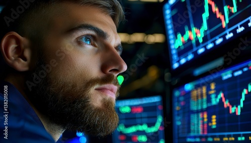 Professional trader analyzing data on multiple stock market monitors close up on focused expression theme of financial decision making realistic Composite trading floor backdrop.