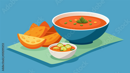 A bowl of fresh gazpacho served alongside a plate of crispy patatas bravas creating a balance of refreshing and indulgent flavors.. Vector illustration