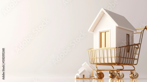 Shopping cart with a tiny house model isolated on a bright light background representing buying a new home crisp and 3D. Miniature home purchase.