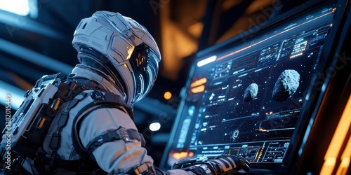 Space explorer in a futuristic suit monitoring asteroid trajectories on large displays focus on the ambient light concept of space defense vibrant Composite dark command center backdrop