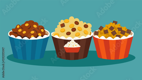 A bowls of gourmet popcorn perfection including flavors like pecan praline smoked gouda and smores.. Vector illustration