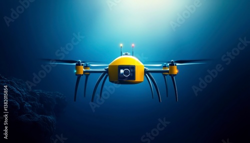 Underwater exploration drone in a deep sea abyss recording high definition footage of rare marine life and geological formations minimalist style. Deep ocean robot films sea creatures.