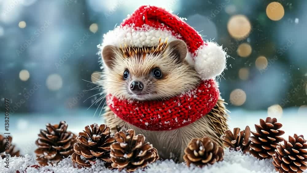 Festive hedgehog in santa hat and scarf amidst snowy pinecones. Merry Christmas. Happy New Year Festive hedgehog in santa hat and scarf amidst snowy pinecones. Merry Christmas. Happy New Year